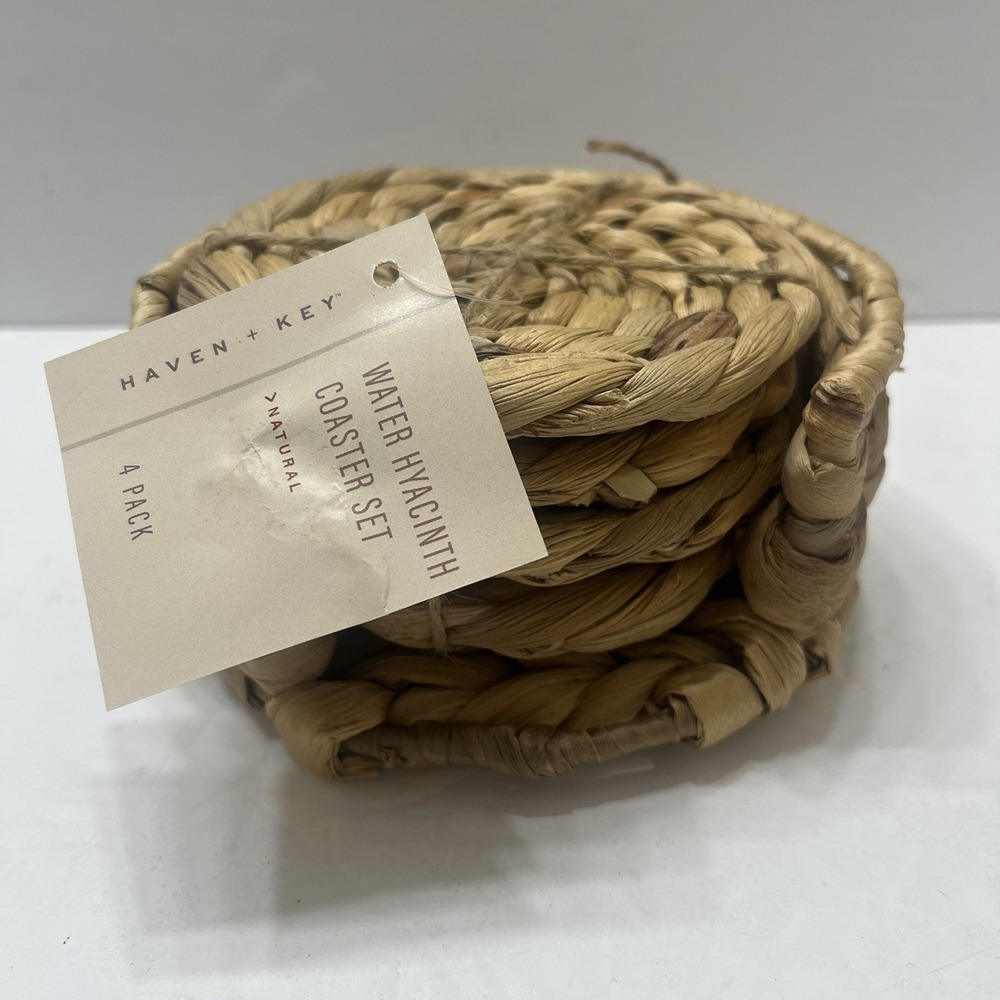 Haven + Key Natural Water Hyacinth Coasters Set Of 4 W/ Holder New Tan Boho